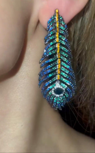 Peacock Feather Earrings – Sterling silver earrings with multicolored lab-created sapphires, inspired by the vibrant elegance of peacock feathers.