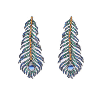 Peacock Feather Earrings – Sterling silver earrings with multicolored lab-created sapphires, inspired by the vibrant elegance of peacock feathers.