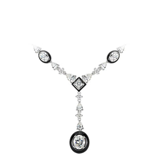 Royal Enamel Monochrome Necklace in sterling silver with platinum finish and white crystal centerpiece, displayed against a neutral background

