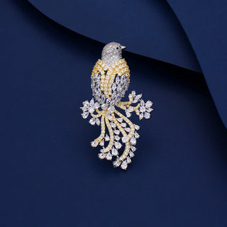 Ruby Canary Bird Brooch in copper and silver with lab-created sapphires, gold and ruby tones, 14 g.