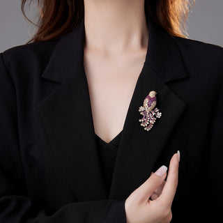 Ruby Canary Bird Brooch in copper and silver with lab-created sapphires, gold and ruby tones, 14 g.