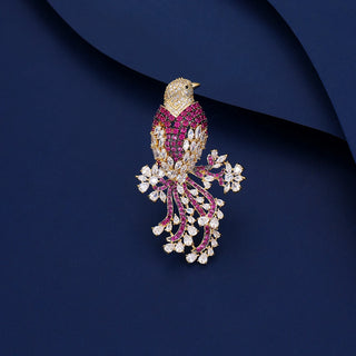 Ruby Canary Bird Brooch in copper and silver with lab-created sapphires, gold and ruby tones, 14 g.
