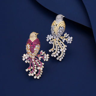 Ruby Canary Bird Brooch in copper and silver with lab-created sapphires, gold and ruby tones, 14 g.