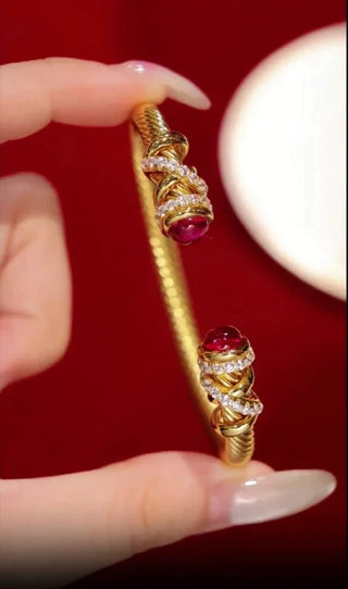 Ruby Drama Bangle - 925 Sterling Silver with Gold Finish and Ruby Red Lab-Created Sapphire, 17cm