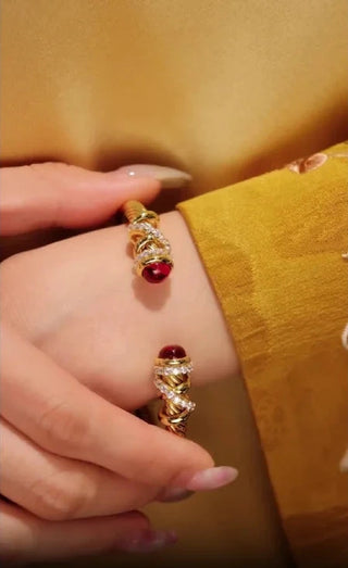 Ruby Drama Bangle - 925 Sterling Silver with Gold Finish and Ruby Red Lab-Created Sapphire, 17cm