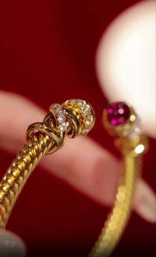Ruby Drama Bangle - 925 Sterling Silver with Gold Finish and Ruby Red Lab-Created Sapphire, 17cm