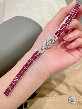 Sangria Sunset Bracelet in 925 sterling silver with lab-created rubies and white sapphires, inspired by golden hour hues in a chain-link design.