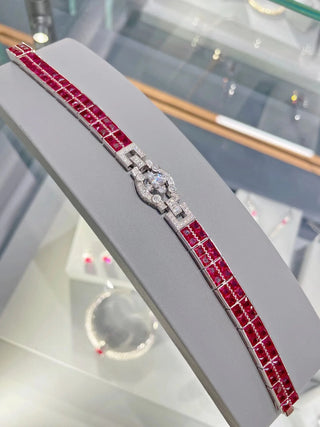 Sangria Sunset Bracelet in 925 sterling silver with lab-created rubies and white sapphires, inspired by golden hour hues in a chain-link design.
