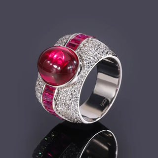Scarlet Heirloom silver ring with ruby lab sapphire in platinum-plated bezel setting, elegant heirloom design for girls and women

