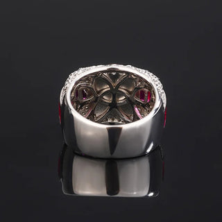 Scarlet Heirloom silver ring with ruby lab sapphire in platinum-plated bezel setting, elegant heirloom design for girls and women
