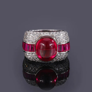 Scarlet Heirloom silver ring with ruby lab sapphire in platinum-plated bezel setting, elegant heirloom design for girls and women
