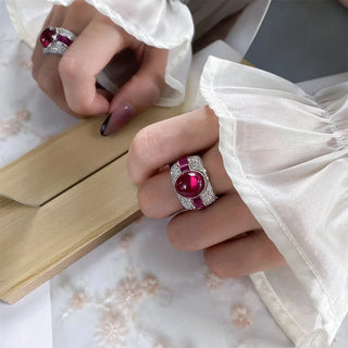 Scarlet Heirloom silver ring with ruby lab sapphire in platinum-plated bezel setting, elegant heirloom design for girls and women
