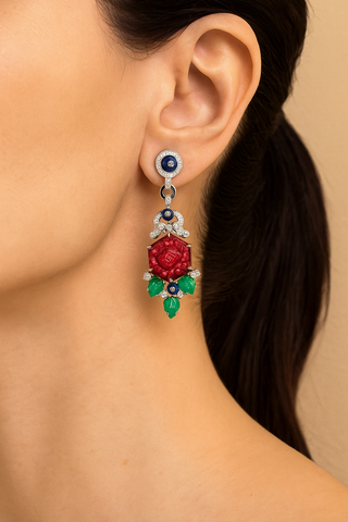 Silver Spectrum Bloom Earrings with Multicoloured Lab Sapphires, Elegant Stud Design