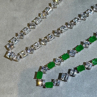 Silver Sugar Loaf Emerald Necklace with Lab-Created Emeralds & Sapphires in 925 Sterling Silver