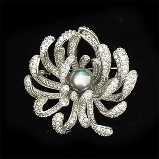 Spider Lily Pearl Brooch - copper-silver alloy with natural pearl and white lab-created sapphires, inspired by delicate floral elegance.