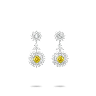 Sunflower's Embrace Earrings in sterling silver with platinum plating and yellow lab sapphires, radiating warmth and elegance.