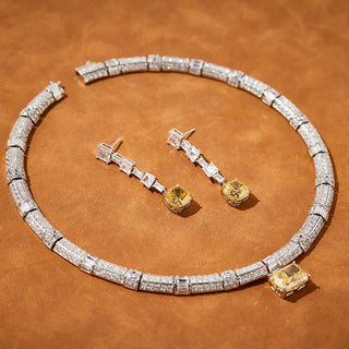 Sunset Brilliance Necklace Suite with lab-created sapphires on sterling silver – elegant women’s necklace inspired by sunset light and golden warmth
