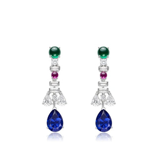 Elegant Aqua Mist Teardrop Earrings crafted in 925 sterling silver, featuring a pear-cut blue lab sapphire surrounded by soft accents of white, pink, and green lab sapphires. The earrings exude a serene, watery glow, perfect for adding effortless elegance to any look. Ideal for warm-weather occasions.