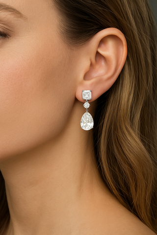 The Celestial Drops earrings: 18K white gold drop earrings with a 4 ct Asscher-cut, 0.5 ct round, and 10 ct pear-shaped lab-grown diamonds (29 ct total).