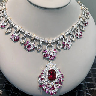 Sterling silver long necklace with vivid ruby centrepiece and regal red tones — Azzallure Maharani Ruby Necklace inspired by royal Indian heritage.

