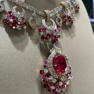 Sterling silver long necklace with vivid ruby centrepiece and regal red tones — Azzallure Maharani Ruby Necklace inspired by royal Indian heritage.

