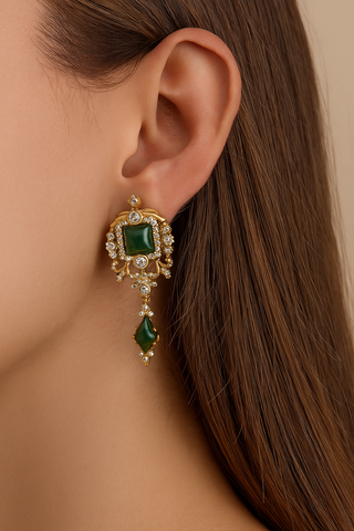 The Manor Earrings in Silver and Copper with Emerald Green Lab Sapphires, Vintage-Inspired Stud Design