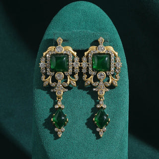 The Manor Earrings in Silver and Copper with Emerald Green Lab Sapphires, Vintage-Inspired Stud Design