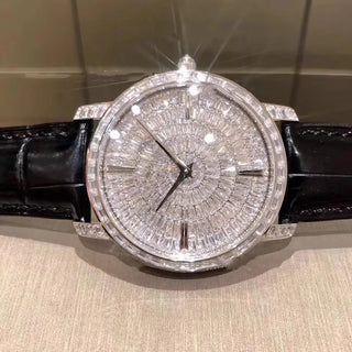 The Meridian Diamond Watch featuring a red 32 mm dial, silver case, and sapphire crystal window.