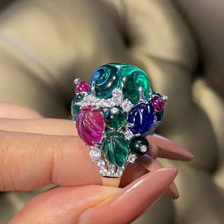 Azzallure Tutti Frutti Ring featuring multicolored lab-created sapphires set in platinum-plated sterling silver with a playful, candy-like design.

