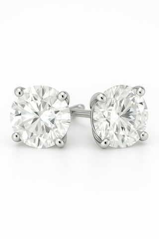 Women’s round cut lab grown diamond stud earrings in 18K gold (1 carat EF color, VVS clarity).