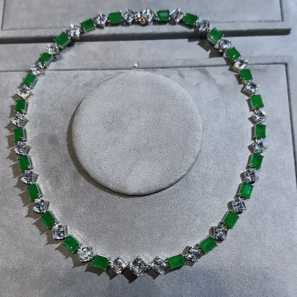 Silver Sugar Loaf Emerald Necklace with Lab-Created Emeralds & Sapphires in 925 Sterling Silver