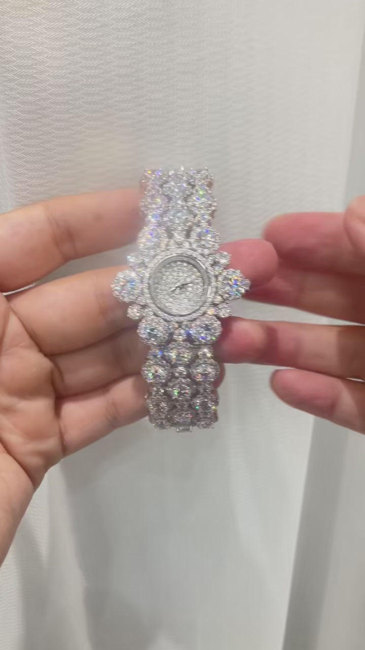 Eclipse Halo Watch women’s edition in radiant white silver-copper case, framed by a halo of lab-created sapphires.