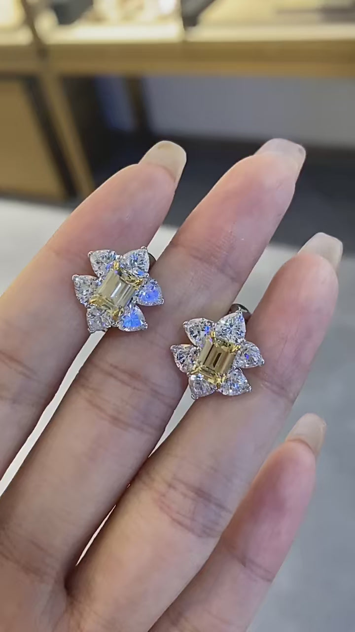 Yellow Diamond Flower Earrings – Snowflake-inspired sterling silver earrings with radiant yellow lab-created sapphires.