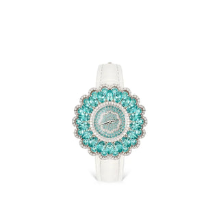 Sirena women’s aqua-blue quartz watch with stainless steel case and sapphire crystal dial.