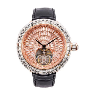 Rosaline women’s quartz watch featuring stainless steel case, sapphire crystal dial, and purple leather strap.